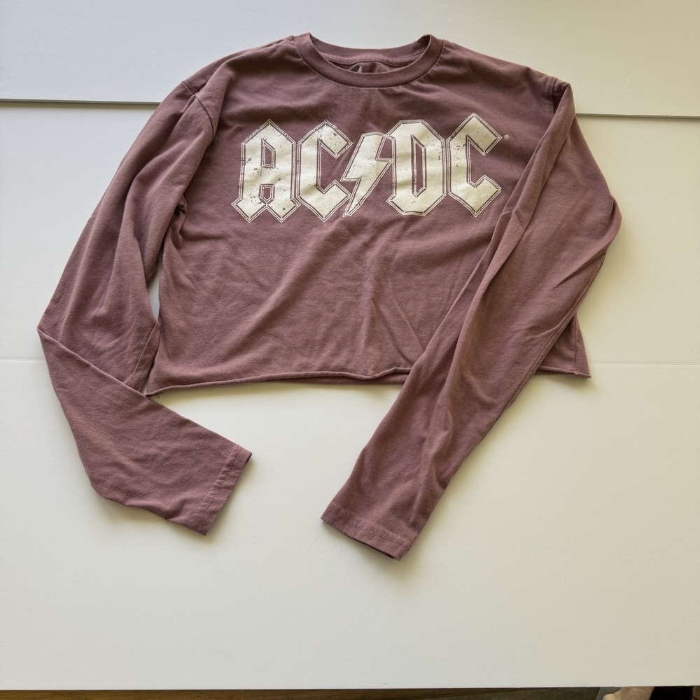 AC/DC Vintage Women's Long Sleeve Purple Mauve Cropped Top Raw Hem Size Small
